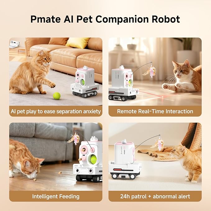 Pmate AI Pet Robot Companion for Dogs & Cats, with Visual Recognition, Remote Video Interaction, Auto Feeding & Play, Red Light Teaser, Night Vision, Auto Charging, Pink