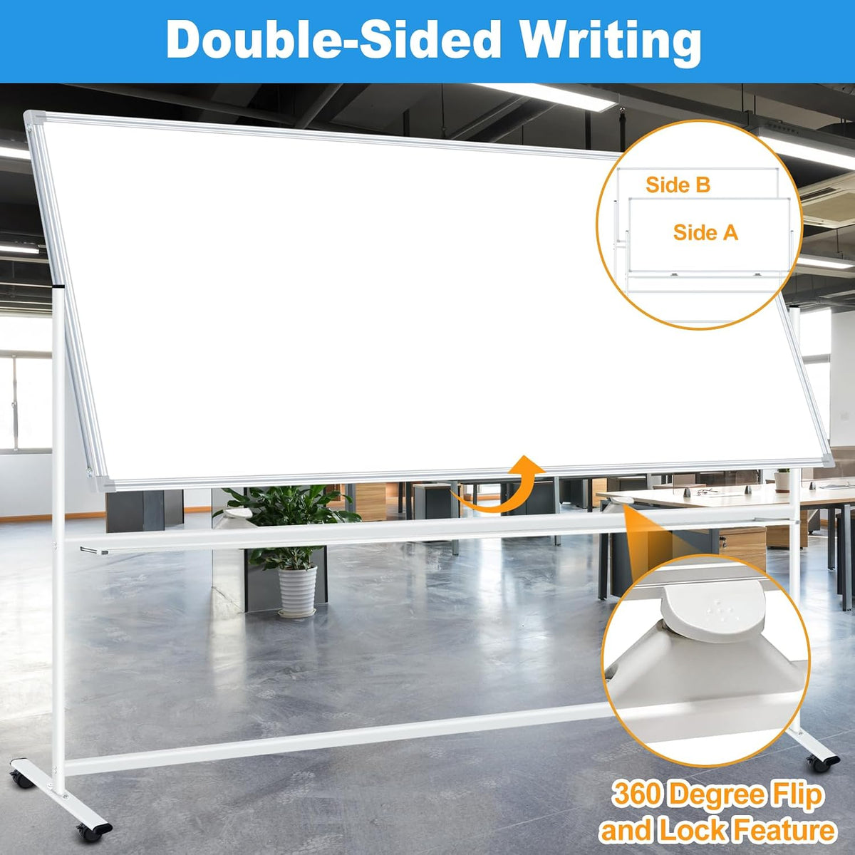 Large Rolling Whiteboard on Wheels 96"x48", Double-Sided Mobile Whiteboard