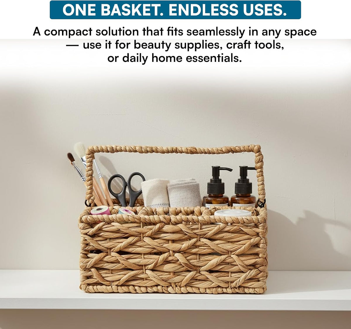 Honey-Can-Do Woven Water Hyacinth Wicker Storage Basket, Caddy, Natural