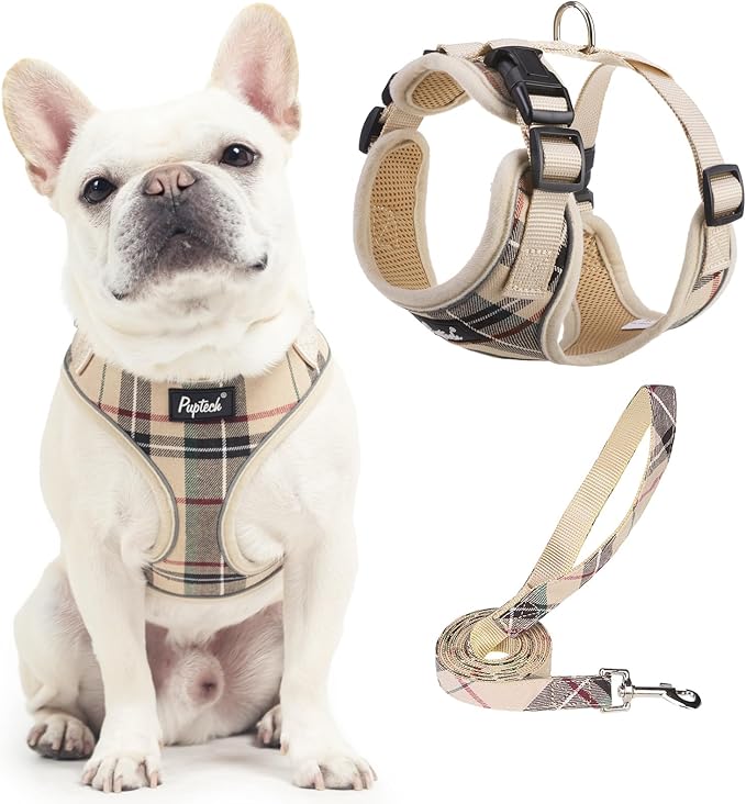 PUPTECK Soft Mesh Dog Harness and Leash Set Pet Puppy Cat Adjustable Reflective Padded Vest No Pull Harnesses, Beige, M