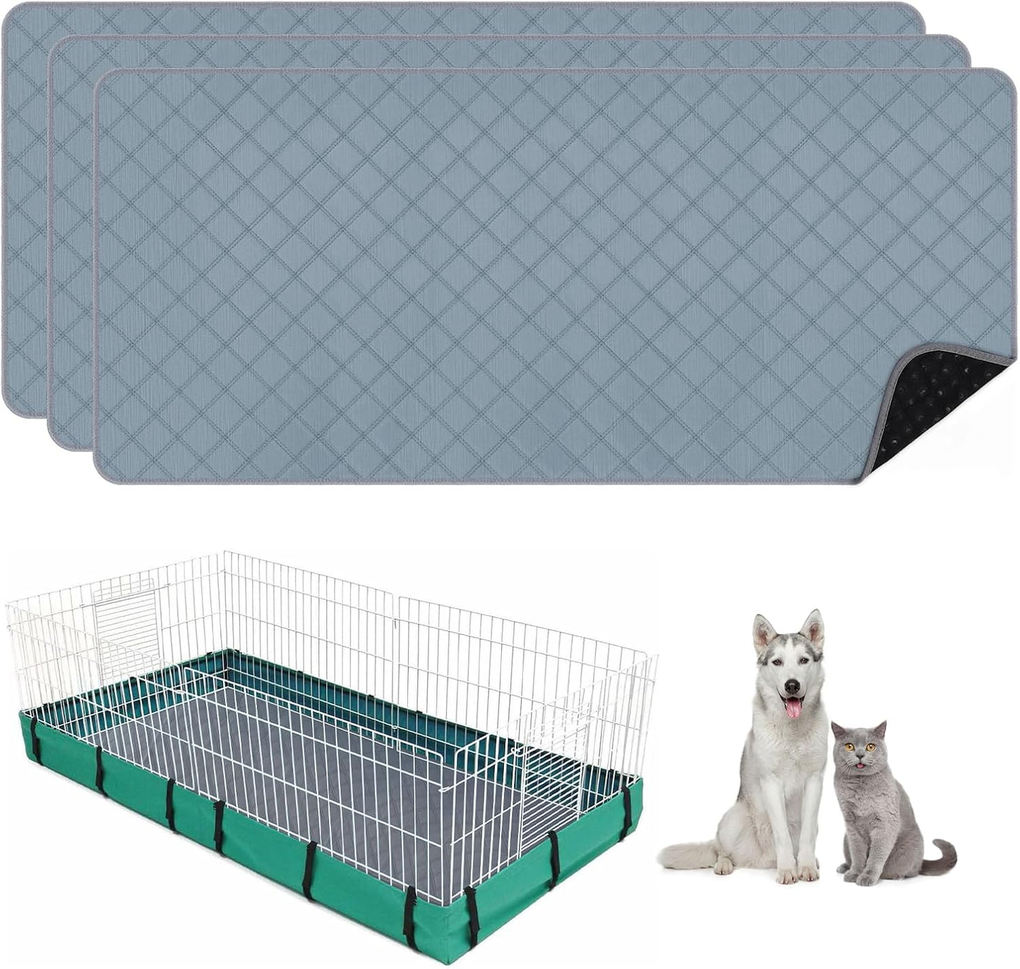3 Packs Washable Guinea Pig Cage Liners, Waterproof Guinea Pig Pee Pads Reusable Absorbent Bedding Anti Slip Mats for Small Animals Bunny Rabbit Hamster (47 x 24in)