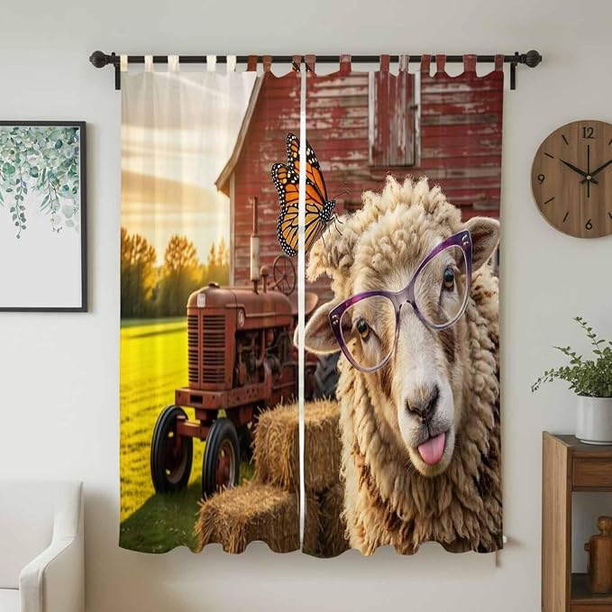 Farm Sheep Living Room Curtains 84 Inch Length, Window Curtains Tab Top