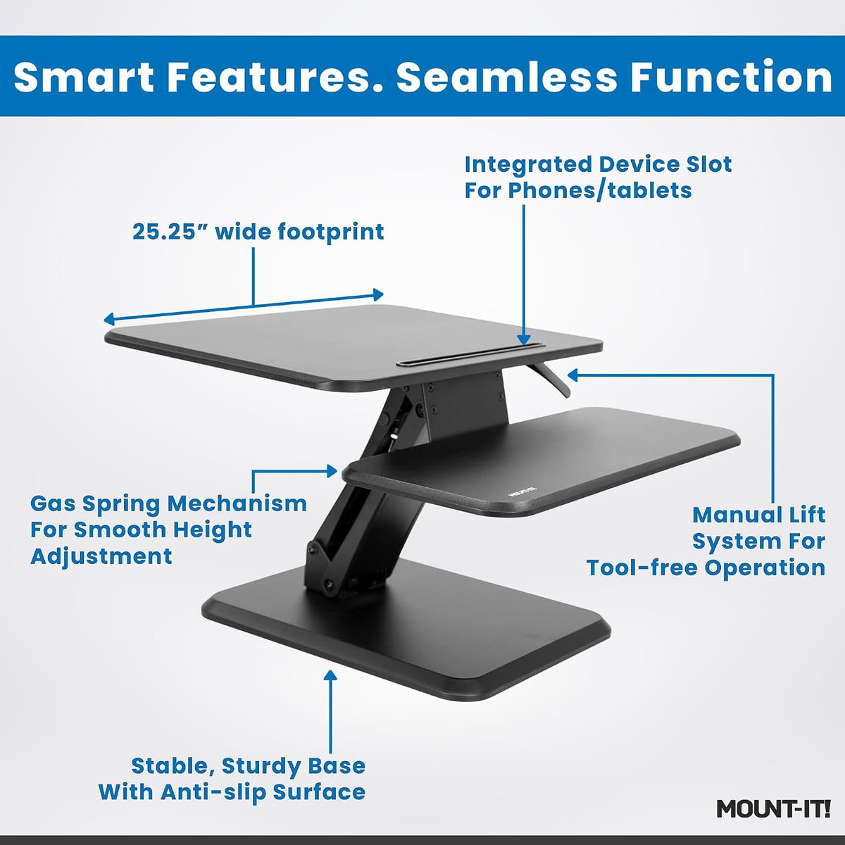 Mount-It! Standing Desk Converter, Compact 25" Sit Stand Desk Riser with Gas Spring Lift, Adjustable Height Desktop Riser for Laptop, Monitor, and Keyboard, Small Home Office Desk Converter