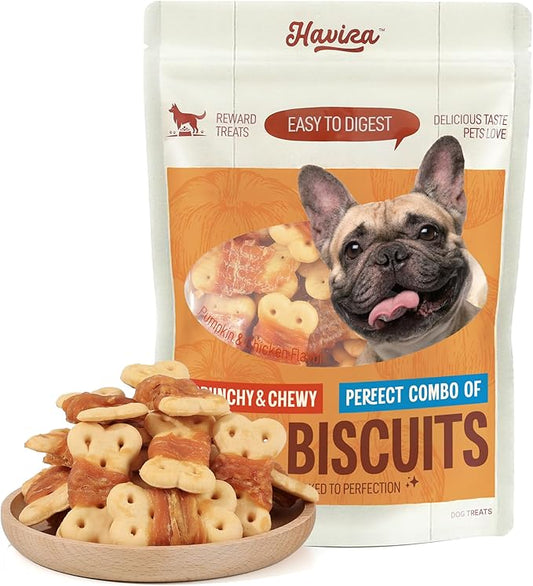 Havira Chicken Wrapped Biscuits Dog Treats, 16oz Crunchy Training Treats for Dogs, Rawhide Free Snacks for Small & Medium Breeds, Pumpkin Flavor