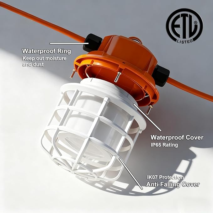 NS 100FT Construction String Lights 150W LED Industrial Grade 15000LM 5000K IP65 Linkable for Construction Sites, Temporary Work, Renovation, Jobsite,All Outdoor Lighting, with 10 Bulbs and Hook