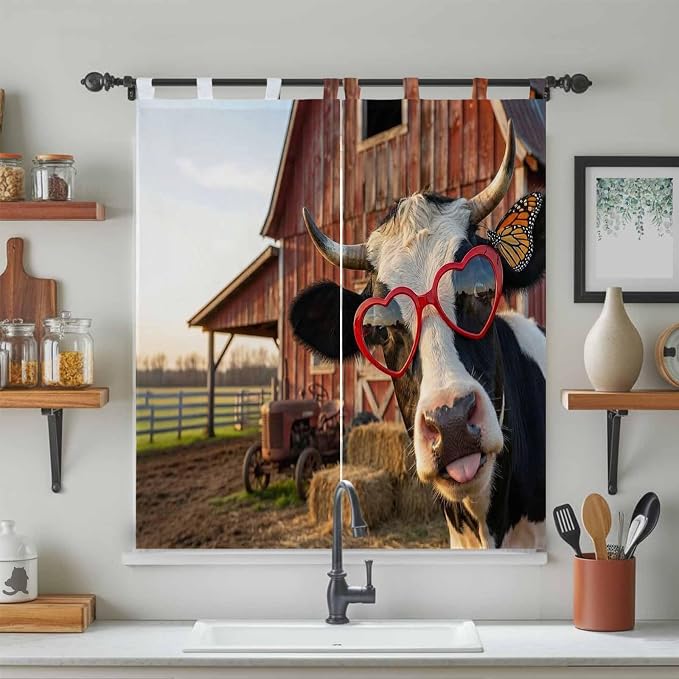 Farm Cows Living Room Curtains 84 Inch Length, Window Curtains Tab Top