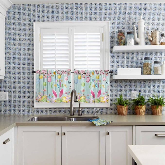 Happy Easter Half Window Curtain 36 Inches Long, Spring Bunny Eggs Flower Teal