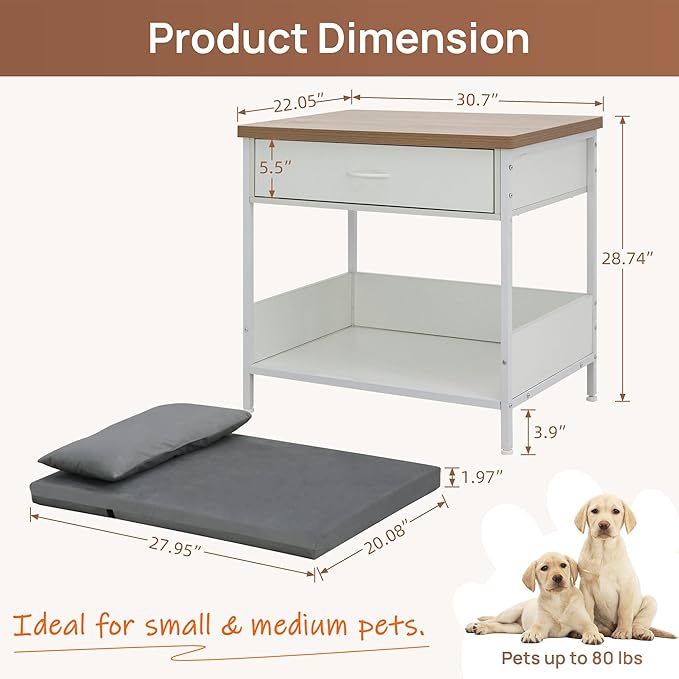 Multi-Functional Dog Bed End Table with Storage Drawer, Open Design Pet Bed with Removable Washable Cushion, Comfortable Resting Spot for Small & Medium Dogs, Indoor Use (White)