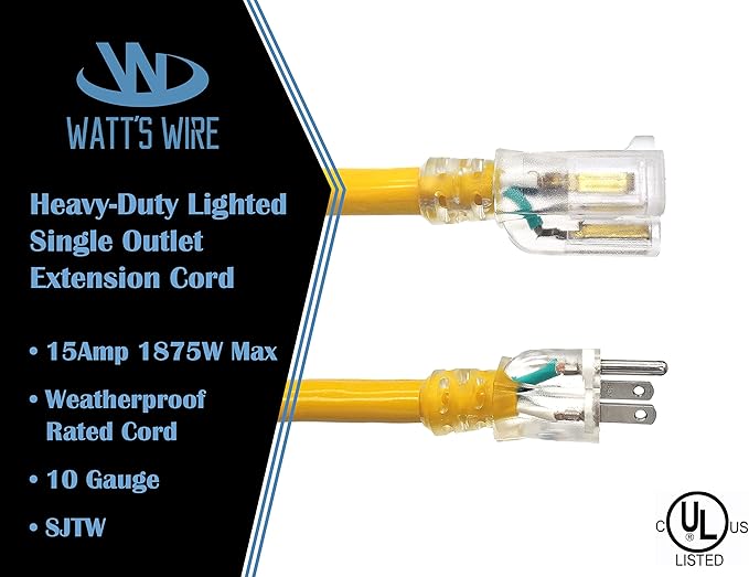 10 ft 10 Gauge Extension Cord - Outdoor Extension Cord Waterproof - Heavy Duty Outdoor Extension Cords 10 ft - Watts Wire - 10' Grounded