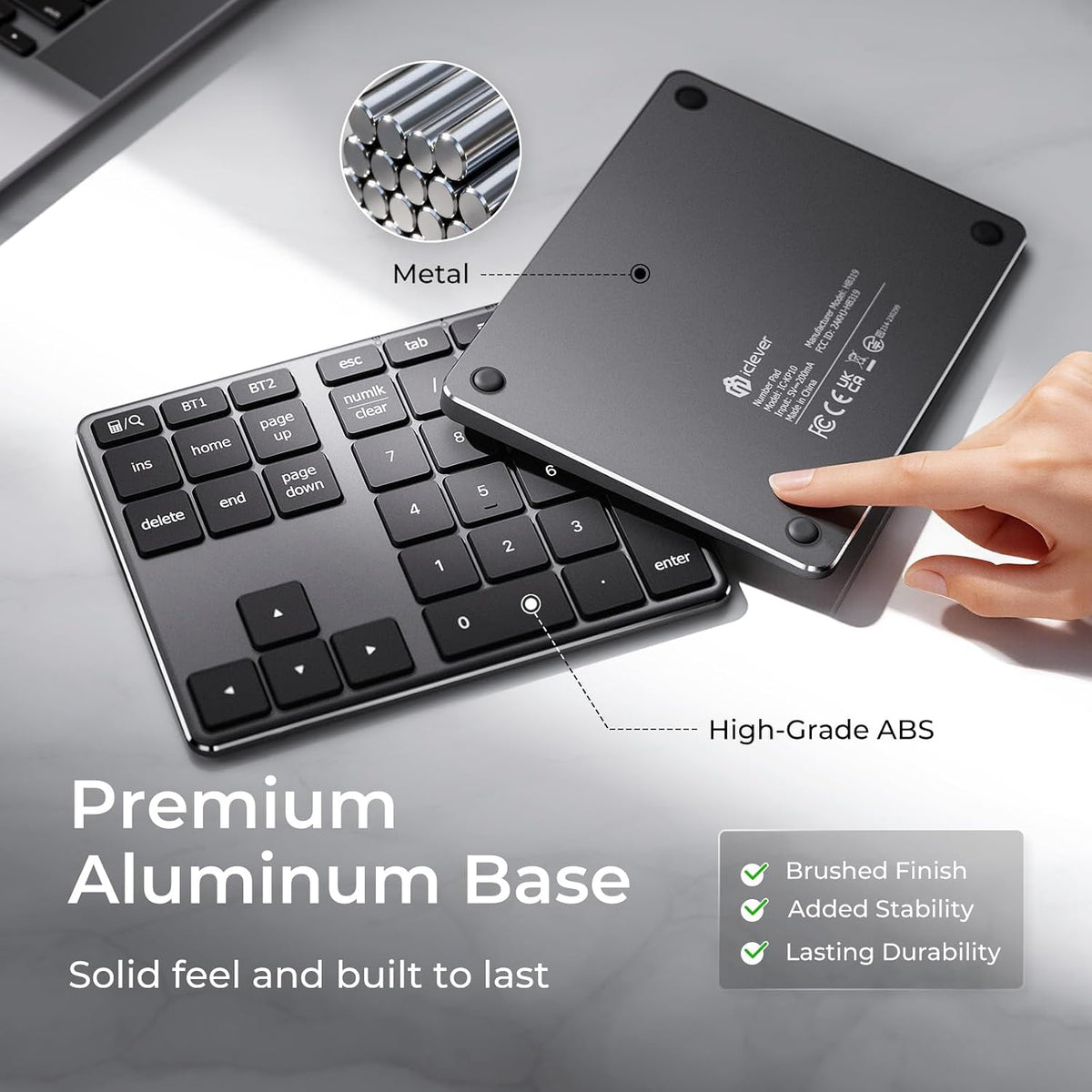 iClever Bluetooth Number Pad for Laptop, Aluminum Wireless Numeric Keypad