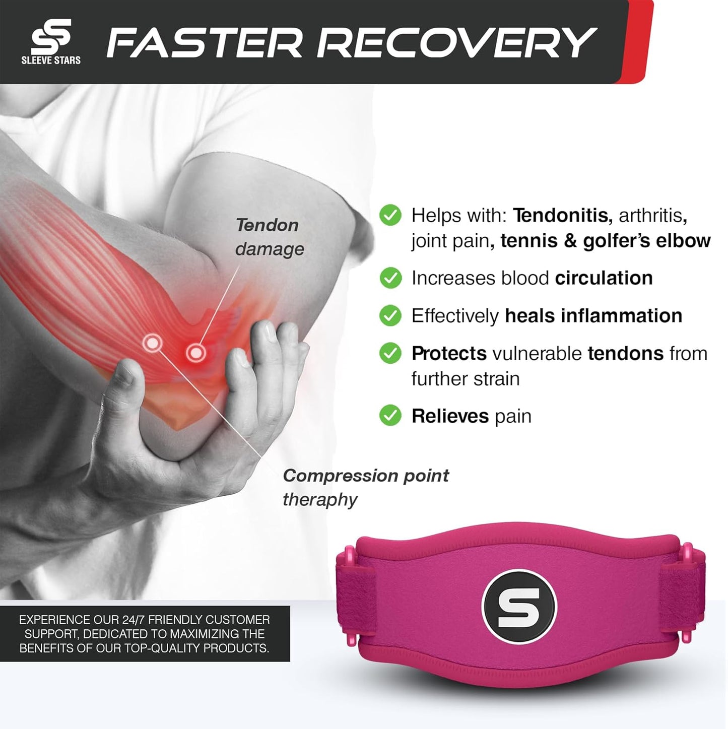 Sleeve Stars Tennis Elbow Brace for Women - Adjustable Tennis Elbow Strap, Golfers Elbow Brace for Men, Counterforce Brace for Tennis Elbow for Tendonitis Relief, Fits 9"-23" (Pair/Hot Pink)