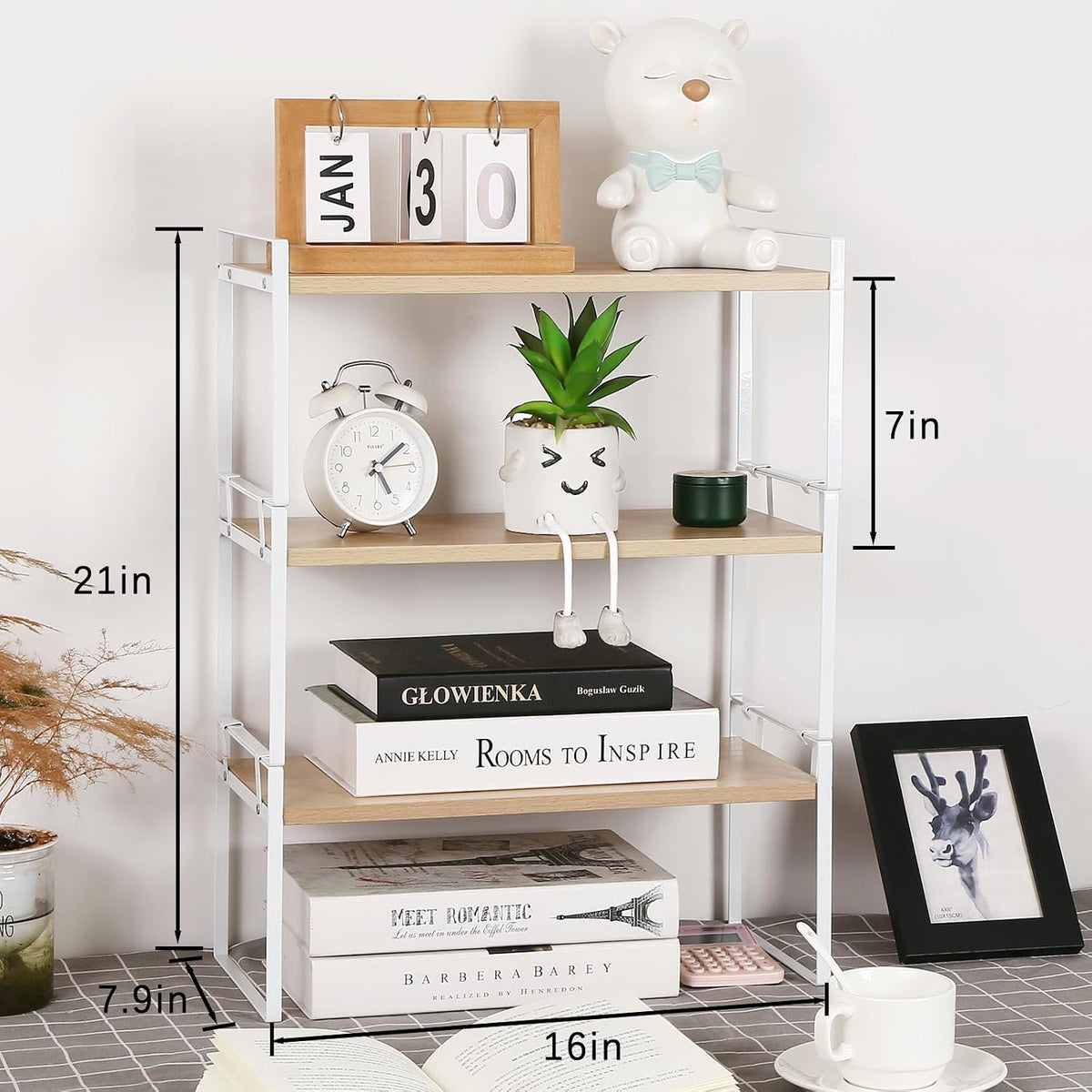 YGYQZ Desk Shelf Organizer for Top of Desk, 3-Tier Desktop Bookshelf, White & Wood