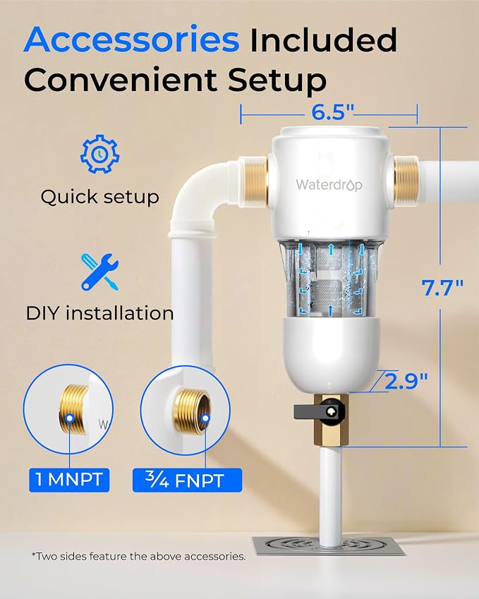 Waterdrop Spin Down Sediment Filter, 50/200 Micron Reusable Whole House Water