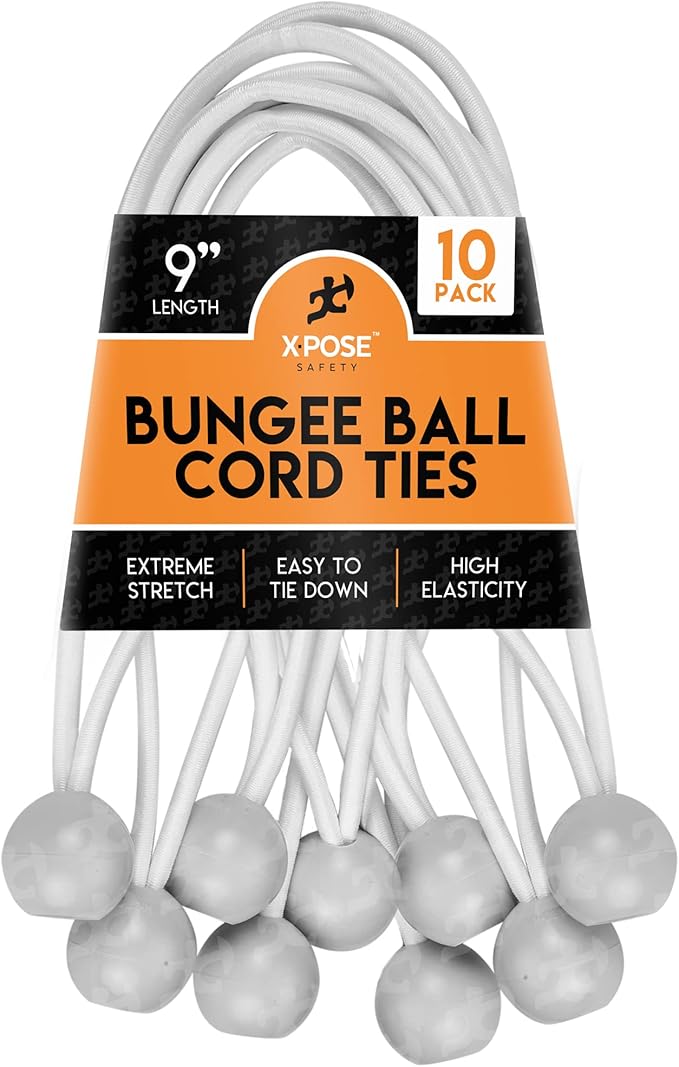 Xpose Safety Bungee Ball Cords 9" 10 Pack Heavy Duty White Stretch Rope with Ball Ties for Canopies, Tarps, Walls, Cable Organization