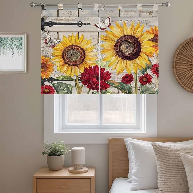 Red Yellow Sunflowers Kitchen Curtains 45 Inch Length, Short Cafe Window