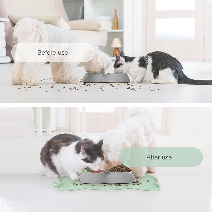 Coomazy Cat Water Fountain Mats for Floor, Waterproof Non-Slip Silicone Dog Food Mat with Raised Edge to Prevent Food Spills and Water Runoff (Cyan, Medium)