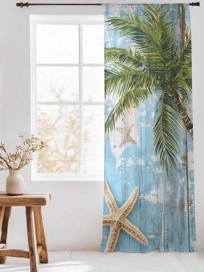 Sheer Curtains 108 Inches Long, Coastal Beach Blue Semi Sheer Curtains Light