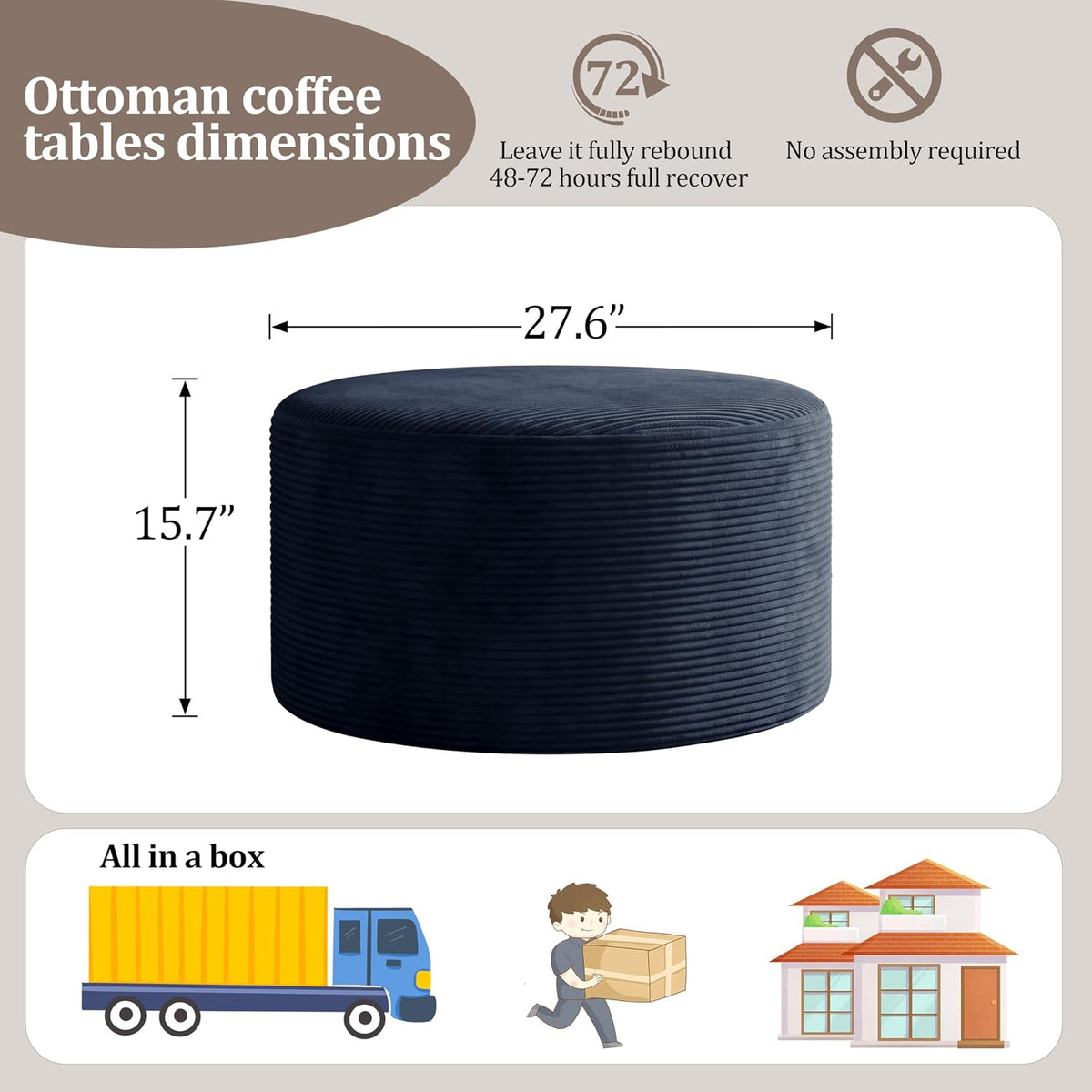 BSHOMGI Coffee Table Round Ottoman, Oversized Footrest for Couch with Removable Cover Large Floor Seating for Adults Ottomans Coffee Tables for Living Room No Assembly