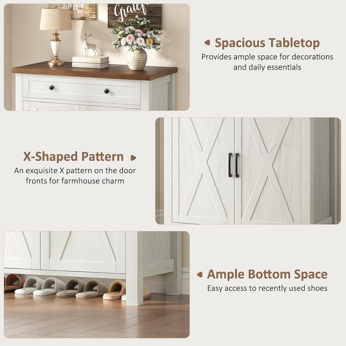 Farmhouse Shoe Storage Cabinet, 5-Tier High Boots Organizer with Adjustable Shelves, Large Drawer & Barn Doors, Entryway Shoe Rack for Hallway Living Room, White