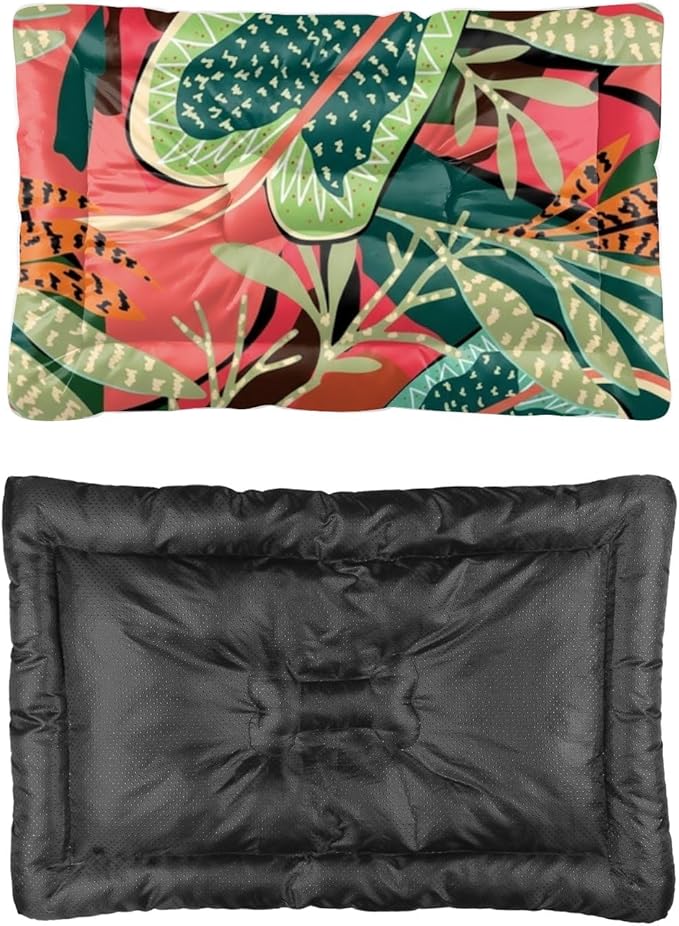 Green Red Tropical Leaves Dog Beds and Furniture Mattress for Dog Bed Crate Pad Bed for Crate Washable Non-Slip Beds Washable Small Small Mat Pillows Medium Dogs Indoor Outdoor 24X18 Inch