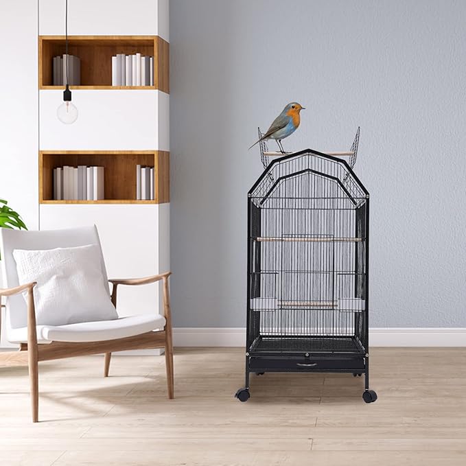 Bird Cage with Stand and Wheel,17.9x17.9x39.9 Inch Iron Rolling 360 Degree Birdcages View Spacious Interactive Roof for Parrots Finches Lovebirds Budgie Canaries Macaw Indoor Outdoor