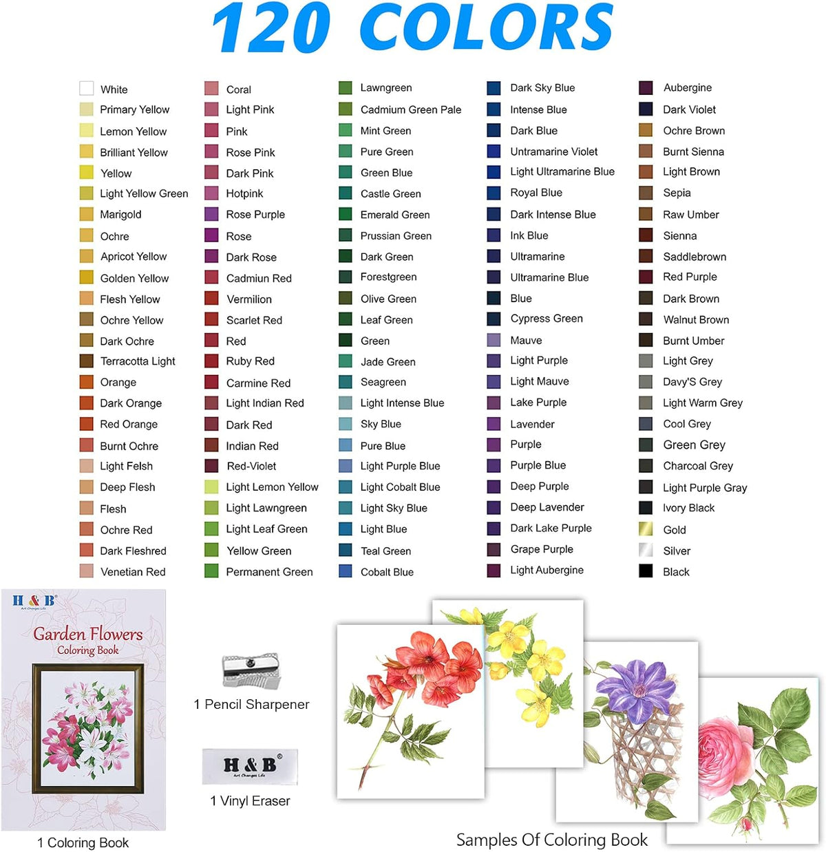 H & B 120 Oil-Based Colored Pencils Set with Coloring Book & Zipper Case