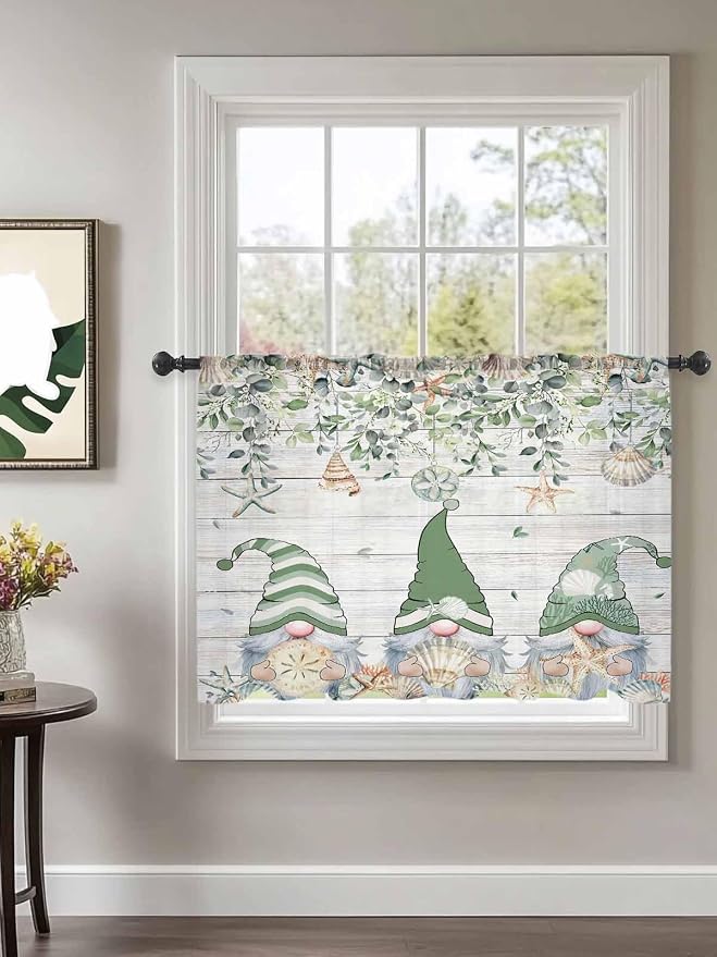 Sheer Curtains 45 Inch Length, Coastal Eucalyptus Leaf Semi Sheer Curtains
