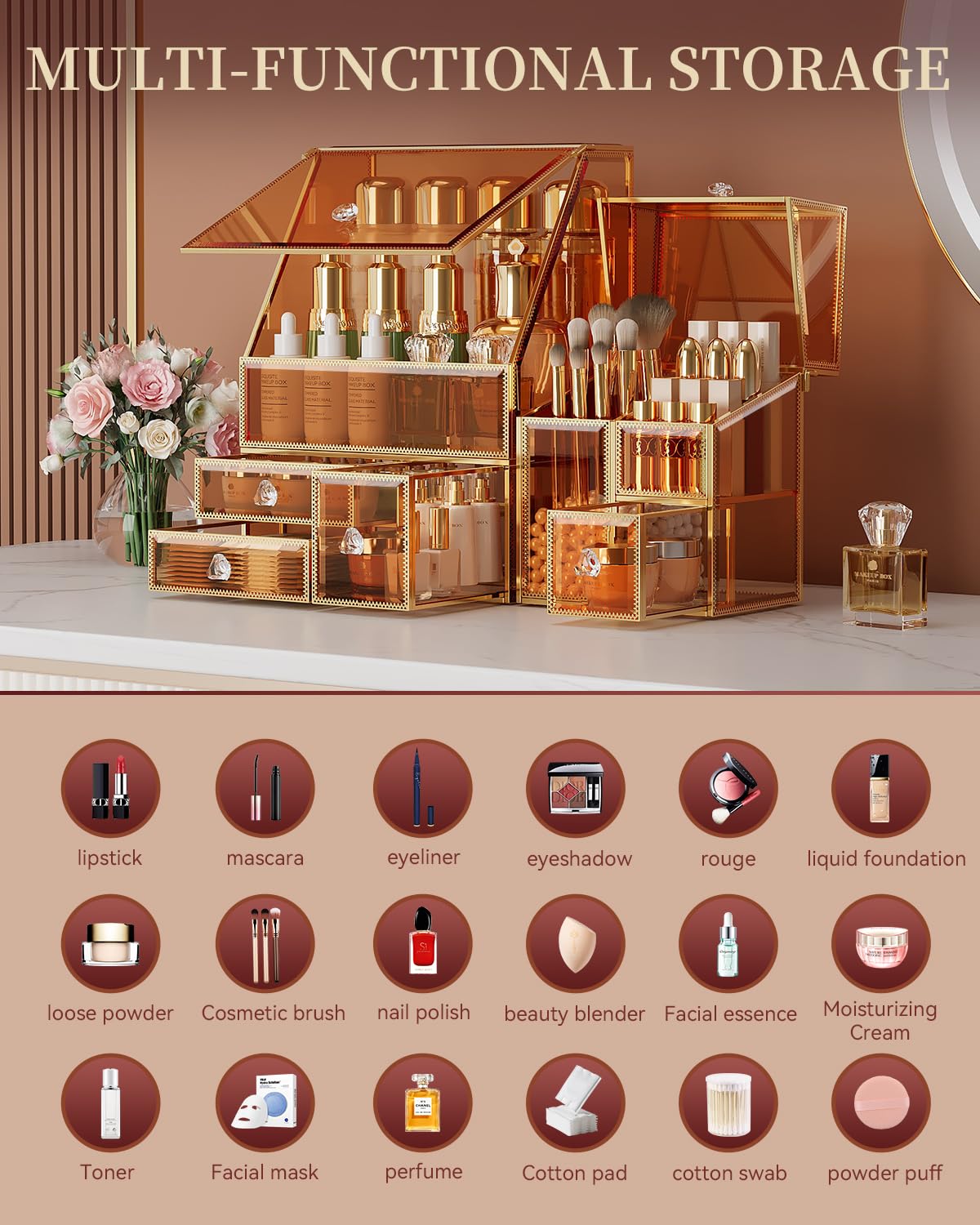CoralHouse Glass Makeup Organizer with Brush Holder for Vanity