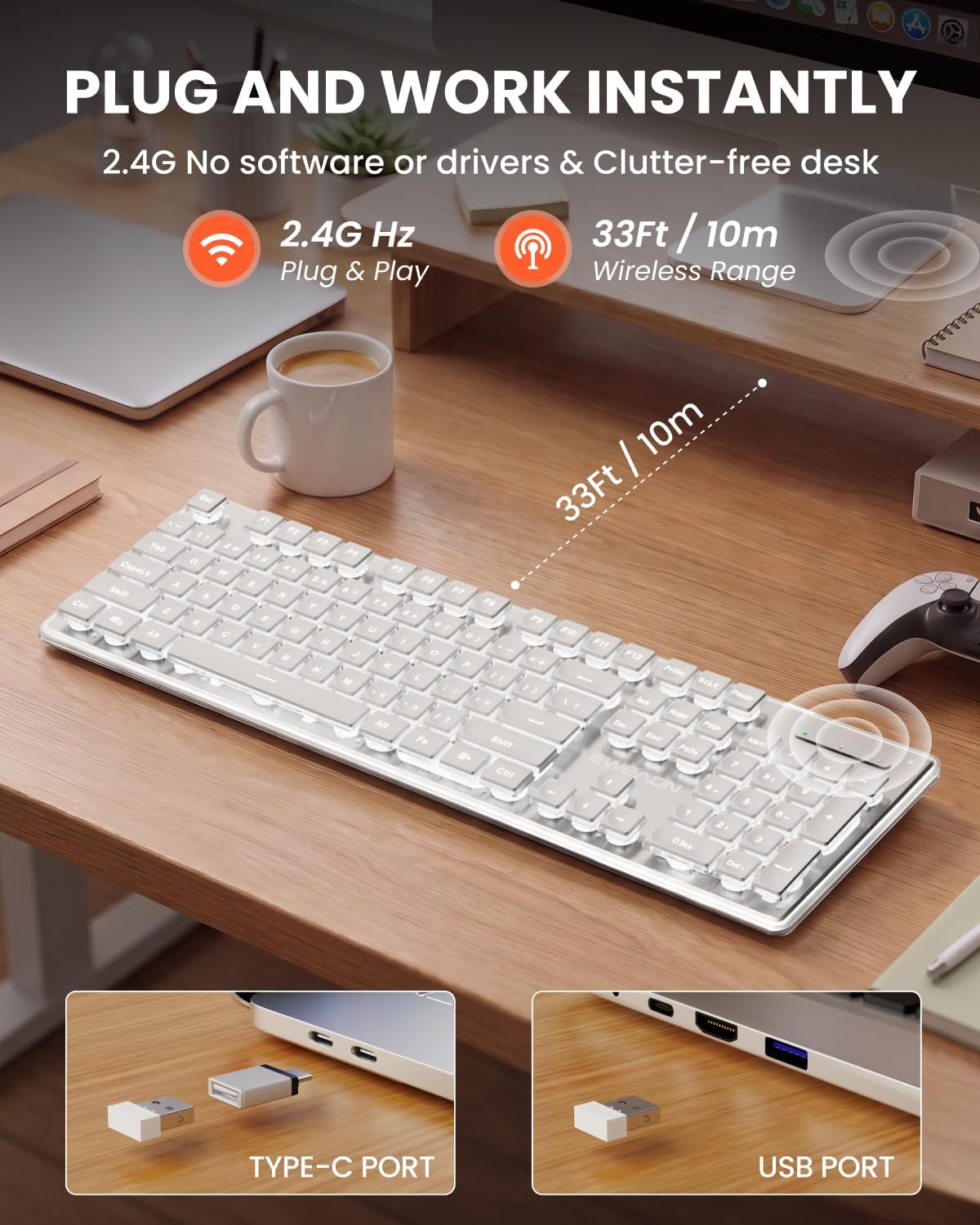 Wireless Keyboard with White Backlit, Quiet, Rechargeable, 2.4GHz, White