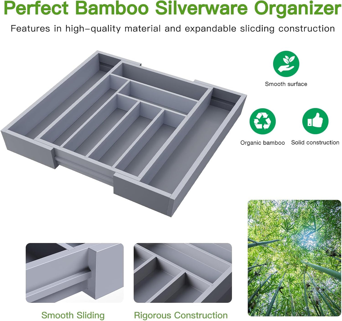 Pipishell Bamboo Expandable Silverware Drawer Organizer, Gray, Medium