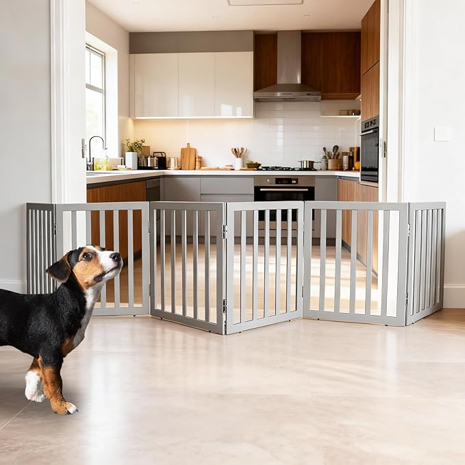 ZJSF Freestanding Indoor Dog Gate for House Foldable Wood Grey Puppy Gate for Doorways Pet Gate for Stairs Extra Wide Pet Fence 24" Height 6 Panels