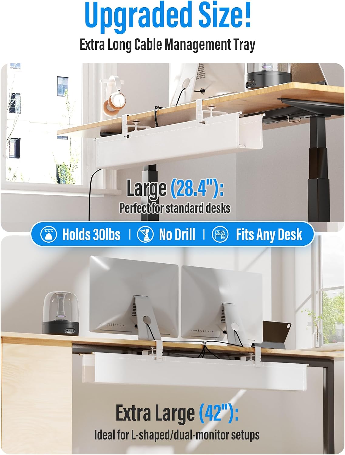 [Upgraded] Large Under Desk Cable Management Tray, Cinati Cable Management Under Desk No Drill, 42" Fabric Cord Hider for Wire Organizer, Cord Organizer for Office, Home - Supports Up to 30lbs White
