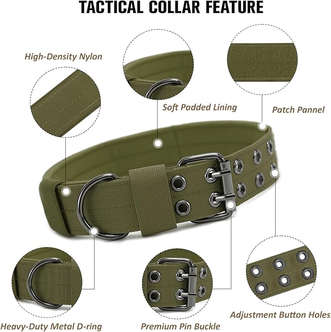 Tactical Dog Collar with Handle, Military Adjustable Heavy Duty Metal Buckle Dog Collars Soft Nylon Training Collar for Medium Large Dogs (Green, Large)