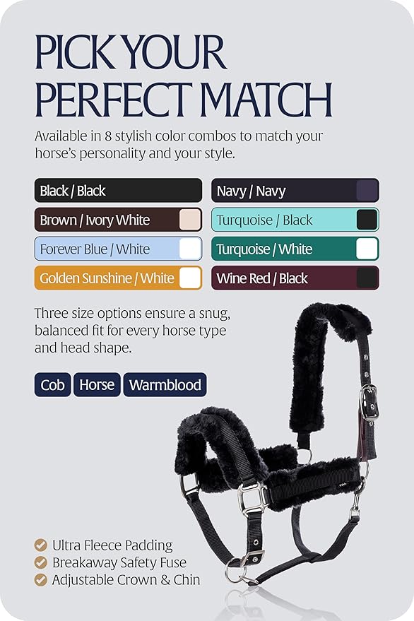 Equinavia Valkyrie Ultra Fleece Breakaway Horse Halter | Padded Fleece Adjustable Safety Halter with Nylon Webbing - Black/Black - Cob