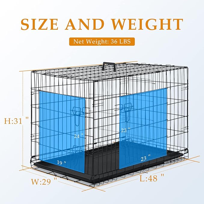 Large Dog Crate, 48 Inch Dog Cage Dual Door Metal Dog Cage with Divider Panel, Leak-Proof Pan, Indoor Outdoor Folding Pet Dog Kennel for Large Pet Animals