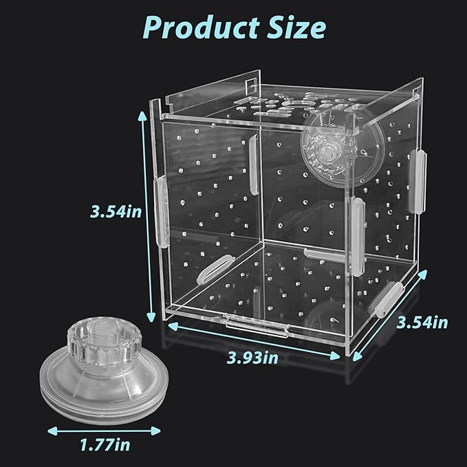 PINVNBY Acrylic Fish Breeding Box，Guppy breeding Box Acrylic Fish Isolation Box Aquarium Incubator with Suction Cups for Guppy Shrimp Small Baby Fishes（3.9 x 3.9 x 3.9 inches）