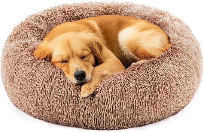 DUMOS Donut Dog Bed, Washable Dog Couch Bed with Removable Cover, Waterproof Pet Bed for Small Size Dogs, Memory Foam Pet Bed Non-Slip Base, Brown