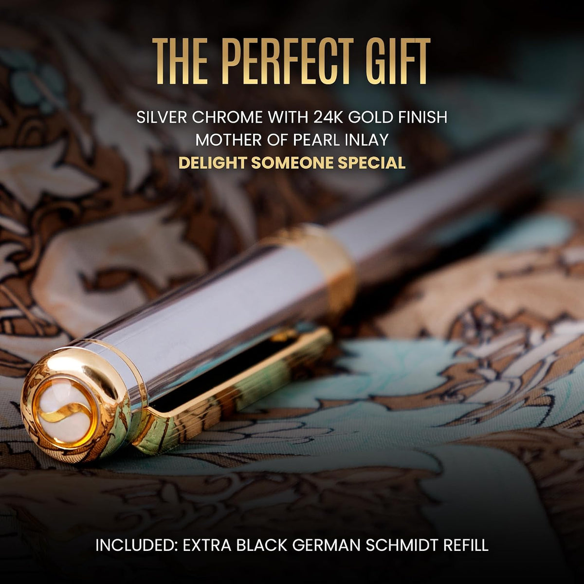 Scriveiner Silver Chrome Rollerball Pen - Stunning Luxury Pen, Real Gold Plating, Schmidt Ink Refill, Best Roller Ball Pen Gift Set for Men & Women, Professional, Executive Office, Fancy Pens