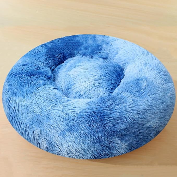 Large Calming Dog Bed, 47 Inch Anti-Anxiety Donut Dog Cuddler Cat Bed, Warming Cozy Soft Dogs Round Bed, Fluffy Faux Fur Machine Washable Pet Cushion for Medium Large Dogs & Cats (Blue White)