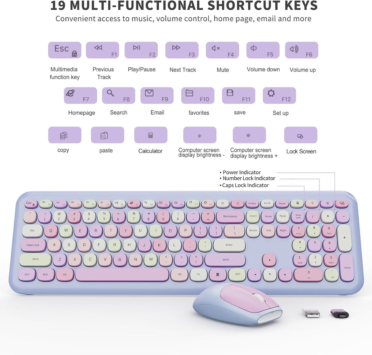 Wireless Keyboard and Mouse Combo, Colorful Ergonomic Full Size Retro Low-Noise Keyboard with Cute keycaps, Compatible with Windows, PC, Perfer for Home and Office Keyboards (Purple)