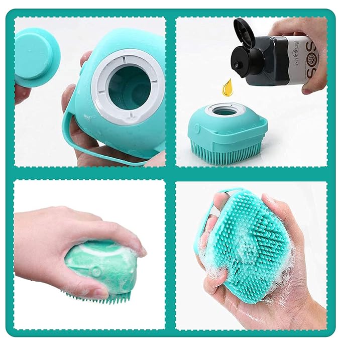 ELEGX Pet Grooming Bath Massage Brush with Soap and Shampoo Dispenser Soft Silicone Bristle for Long Short Haired Dogs Cats Shower (Pink)