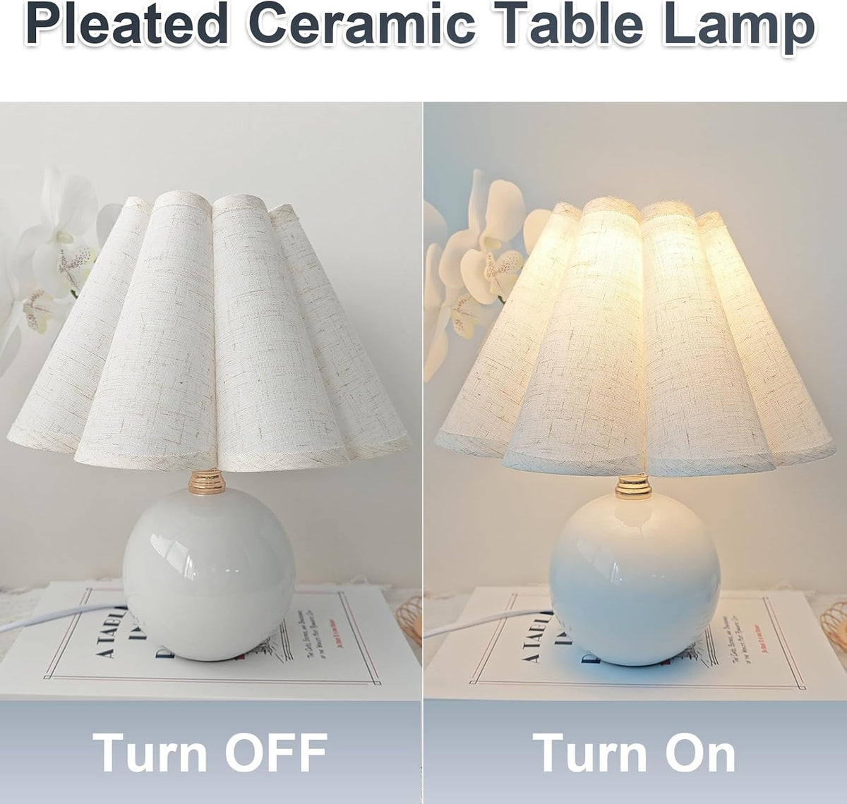 Small Ceramic Table Lamp, 11.5'' Cute Scalloped Lamp (White)
