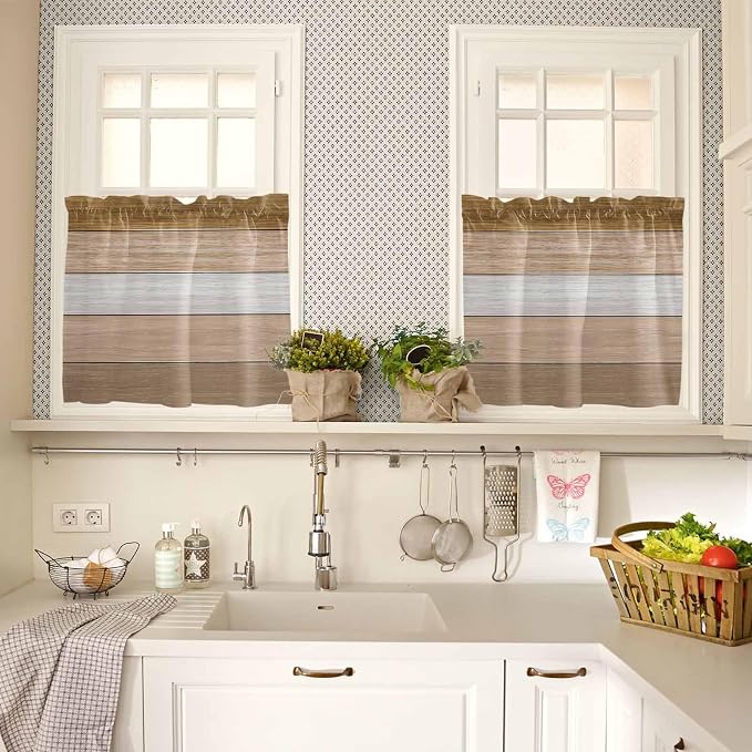 Retro Farm Wood Board Window Valance Curtains, 2 Panel