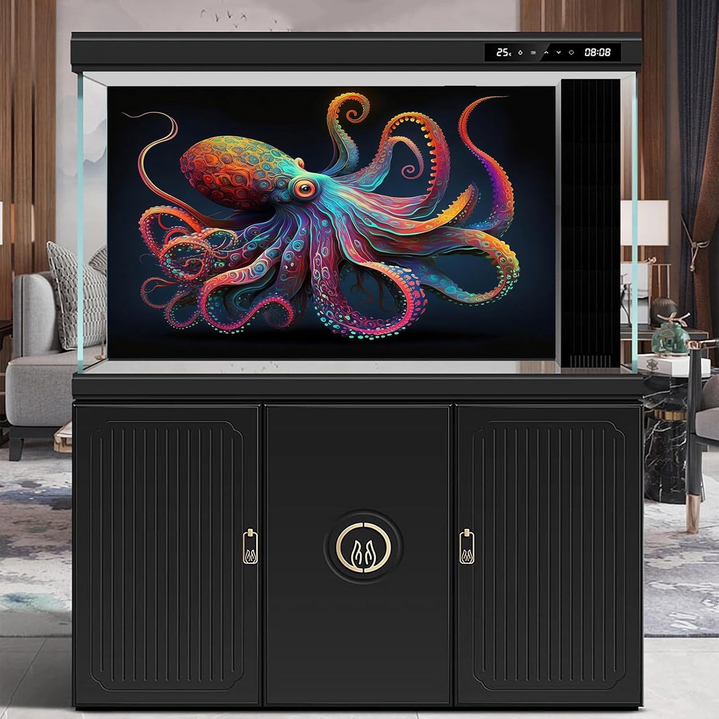 Exquisite Octopus Aquarium Background Abstract Colorful Octopus Terrarium Background Glowing Octopus on Black Background Fish Tank Backdrop Octopus Backdrops Poster Wallpaper Decors Vinyl 48x24in