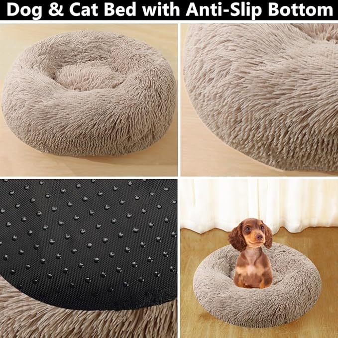 Donut Dog Bed Small Cat Bed, 20 Inch Round Fluffy Dog Beds for Small Dogs and Cats, Anti-Anxiety Donut Dogs Cuddler Bed, Washable Pet Bed for Medium Cats (Khaki)