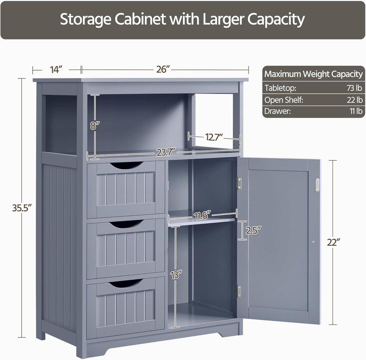 Yaheetech Large Freestanding Bathroom Storage Cabinet with 3 Drawers, Gray