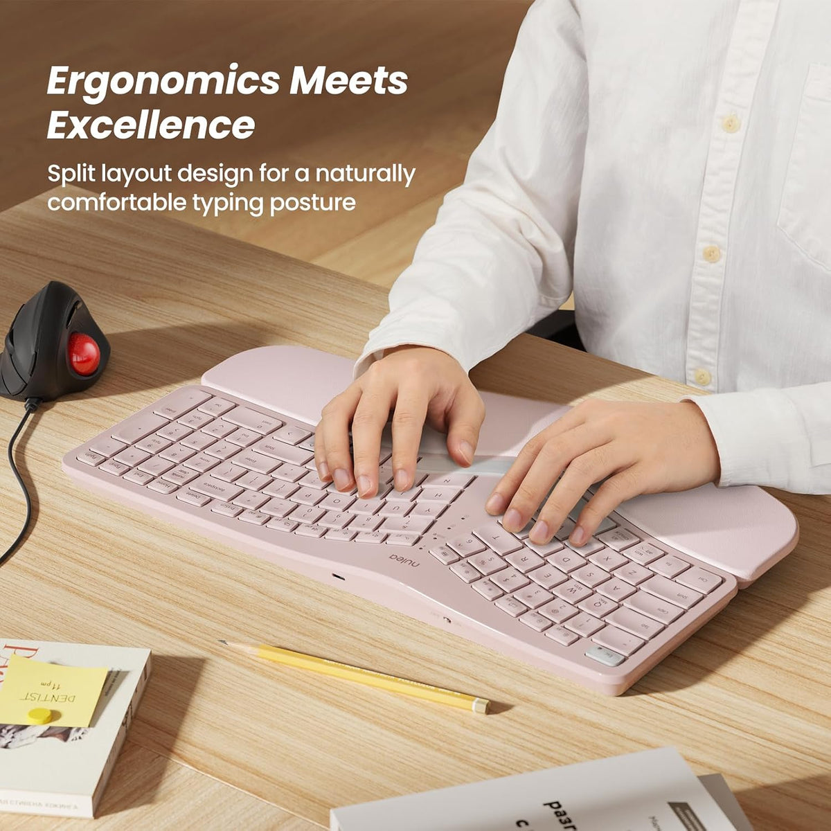 Nulea Wireless Ergonomic Keyboard, Split Keyboard with Cushioned Wrist Rest, Bluetooth and USB Connectivity, USB-C Rechargeable, Compatible with Windows Mac (Grey Pink)