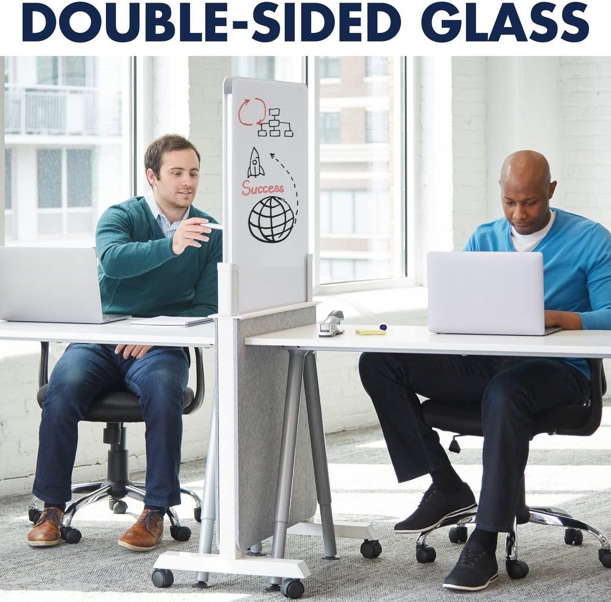 Quartet Whiteboard Easel, Glass Dry Erase Board, Rolling Easel Stand On Wheels, Double-Sided Privacy Screen with Adjustable Height, Includes 1 Marker, Creates Private Interactive Workspaces (Q293066W)