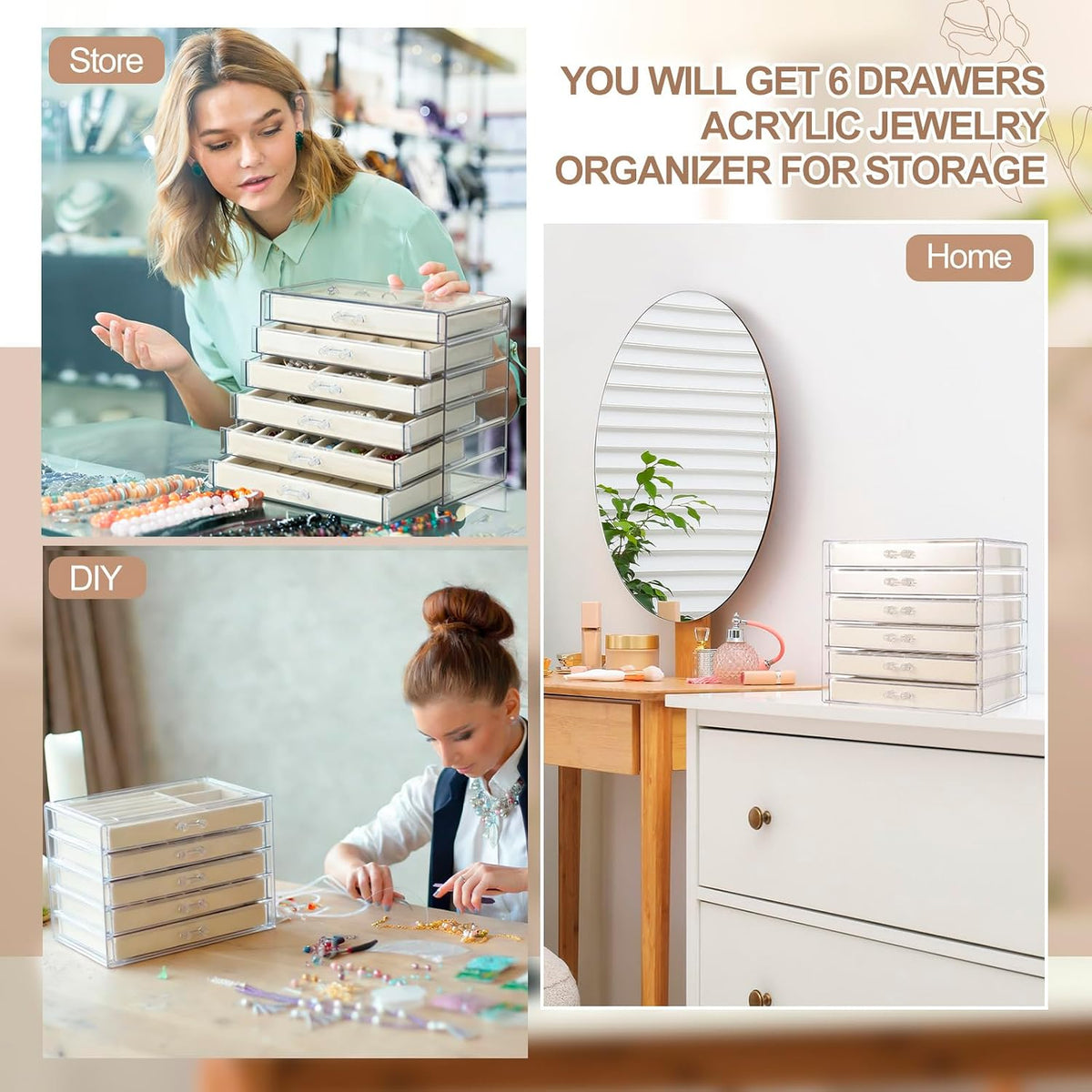 Earring Organizer 6 Drawers Acrylic Jewelry Box for Women, Cream,Clear