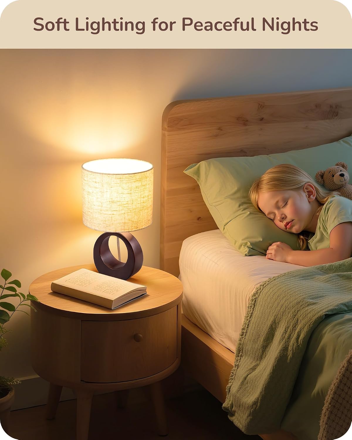 EDISHINE 13.4" Small Wood Table Lamp, ON-Off Switch, E26 Base, Bedroom
